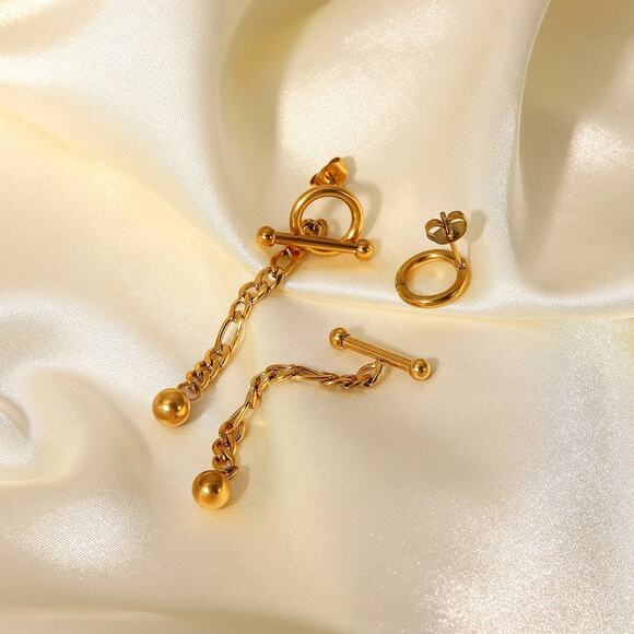 T Bar Detachable Ball Pendant Chain Earrings 18K‎ Gold Plated Stainless Steel - Picture 6 of 9
